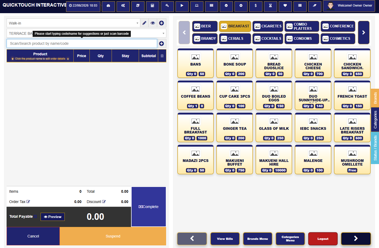QuickTouch business POS selling screen