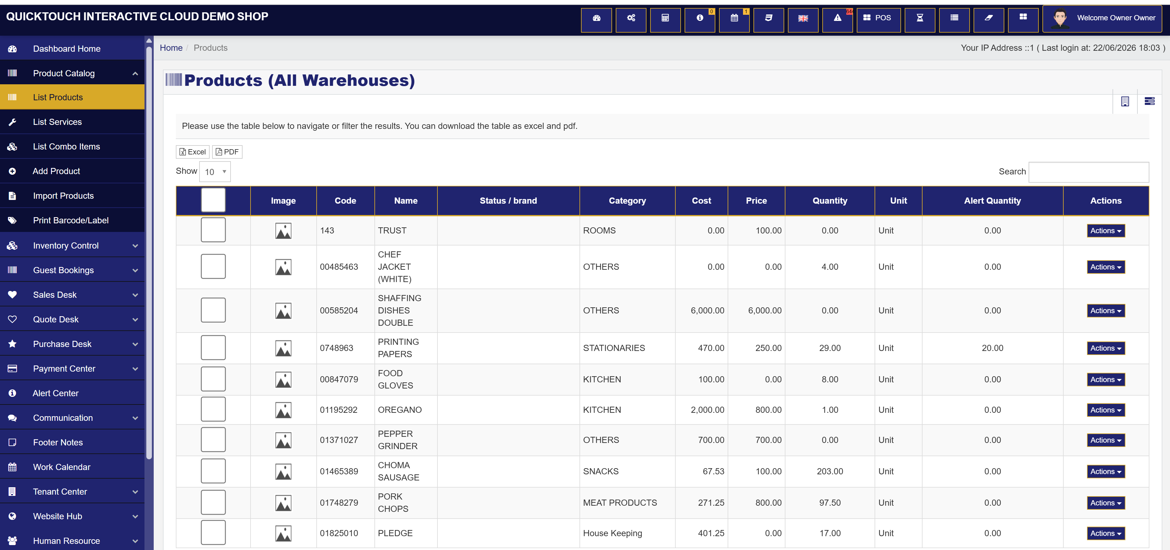 QuickTouch product catalog and inventory management table