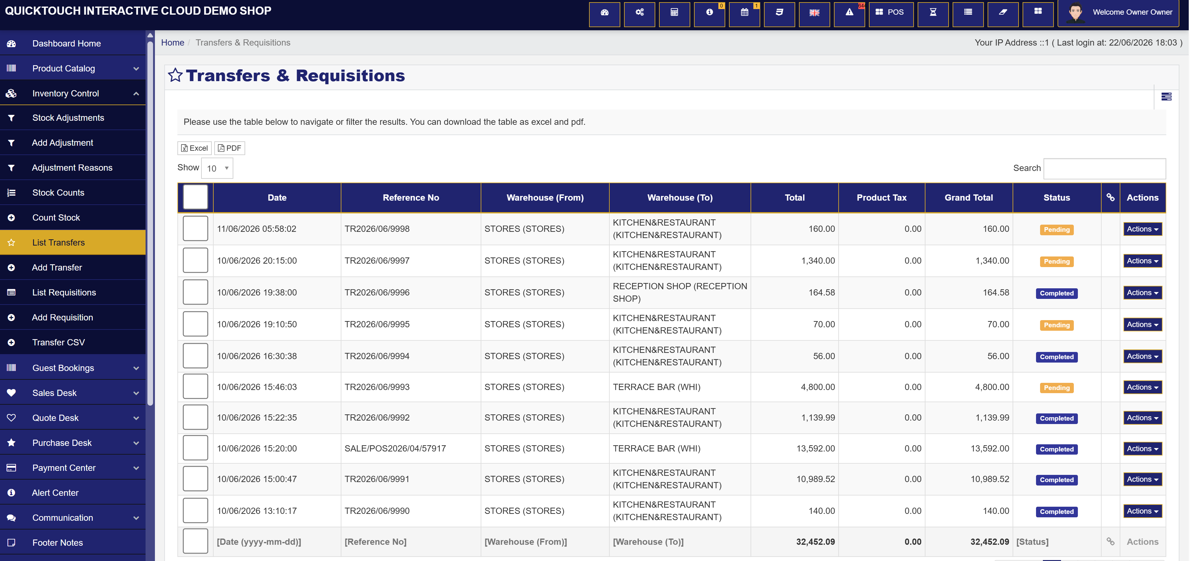 QuickTouch stock transfers and warehouse requisitions list